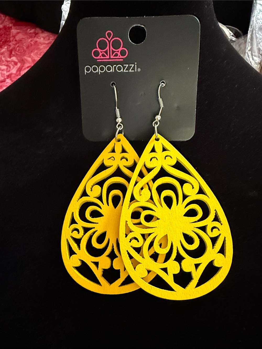 NWT paparazzi Bright Yellow Wooden 3.5” Filigree Teardrop Earrings